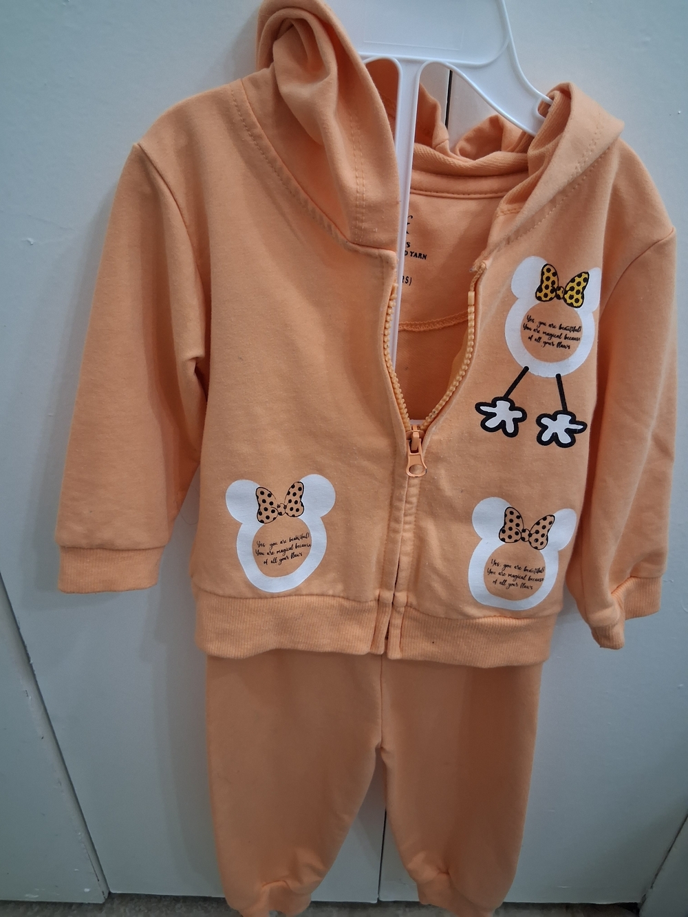 Peach Toddler Hooded Zip Set with Bow Minnie Prints